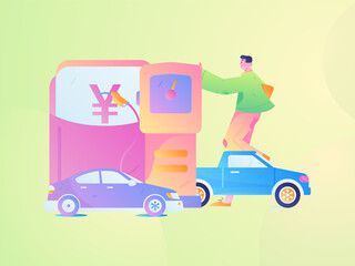 Naklejka premium Vector internet operation hand-drawn illustration of people getting discounts for refueling the car 