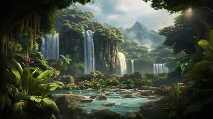 Tropical Rainforest with Dense Foliage and Cascading Waterfalls - Generative AI - obrazy, fototapety, plakaty