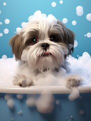 Cute Shih-Tzu Dog in Bath with Foam Isolated