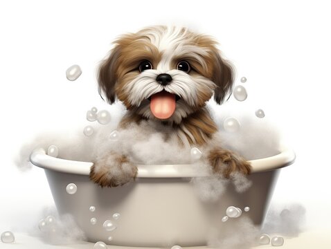 Cute Shih-Tzu Dog in Bath with Foam Isolated