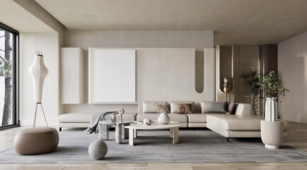 minimalism livingroom with sofa and table, wall mockup, frame mockup