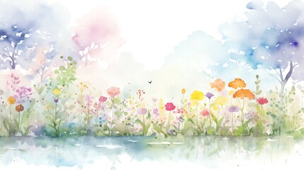 watercolor illustration of spring blooming flowers background