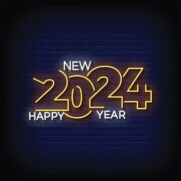 Neon Sign happy new year 2024 with brick wall background vector