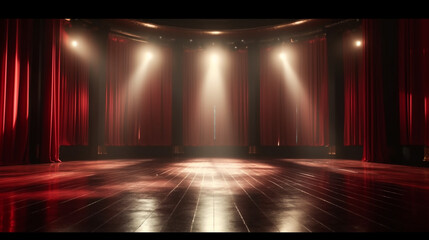 Bright red satin curtain on stage with spotlight for fancy show, theater, exhibition event