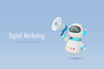 AI chat bot holding megaphone. Artificial intelligence robot technology in digital marketing and social media concept. 3D cartoon character. Vector.