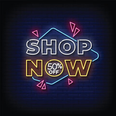 Neon Sign shop now with brick wall background vector