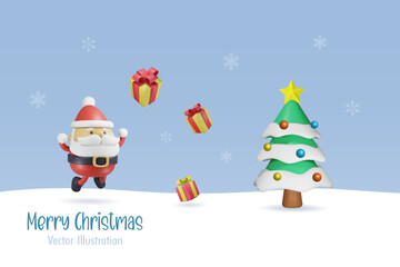 Santa Claus with Christmas tree and gifts on snow background. Merry Christmas and happy new year for season greeting holiday. 3D cartoon character.