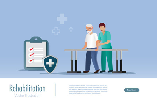Rehabilitation, physiotherapy concept. Physiotherapist assist senior man walking on parallel bars to recovery from orthopedic and trauma injury problem. 