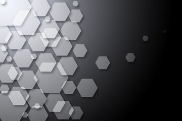 geometric hexagons pattern, gradients, overlapping hexagonal and shadows with glowing. black background