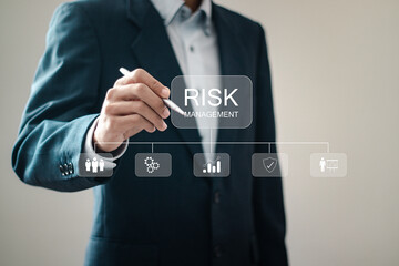 Risk Management strategy plan finance investment concept. businessman touching risk management...