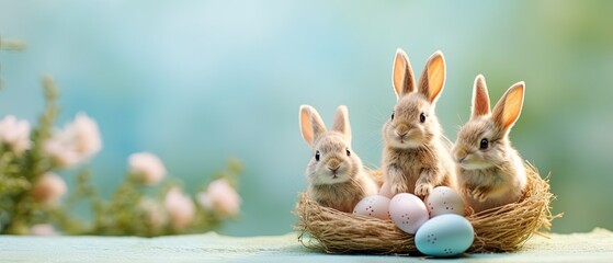 an Easter rabbit family sharing a special moment with pastel eggs against a pastel blue setting, capturing the heartwarming spirit of Easter traditions - obrazy, fototapety, plakaty