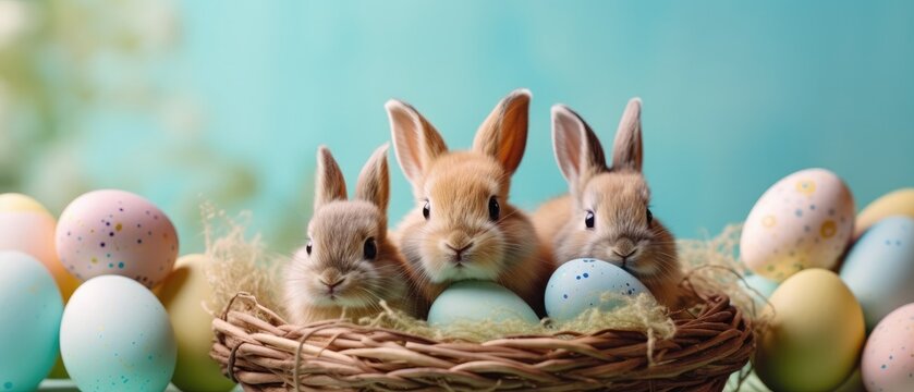 An Easter Rabbit Family Sharing A Special Moment With Pastel Eggs Against A Pastel Blue Setting, Capturing The Heartwarming Spirit Of Easter Traditions, Sunny