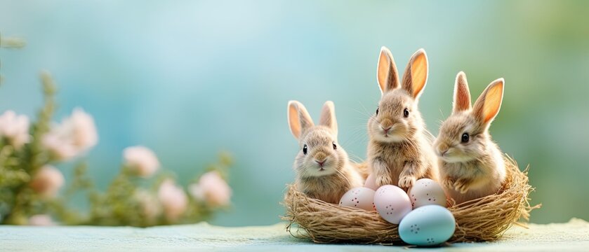 an Easter rabbit family sharing a special moment with pastel eggs against a pastel blue setting, capturing the heartwarming spirit of Easter traditions