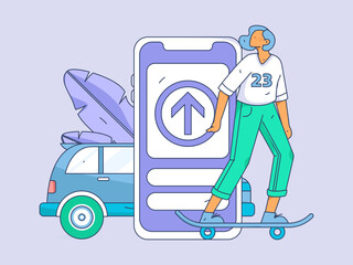 Vector internet operation hand-drawn illustration of people getting discounts for refueling the car
