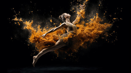 A female acrobat jumps like a ballet dancer moving with colorful particles on a black background - obrazy, fototapety, plakaty