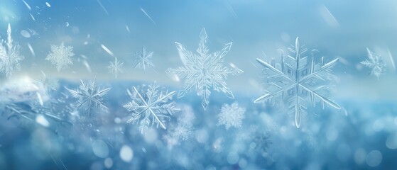 Fototapeta na wymiar Crystal snowflakes on frosty winter background with soft focus. Seasonal weather patterns.