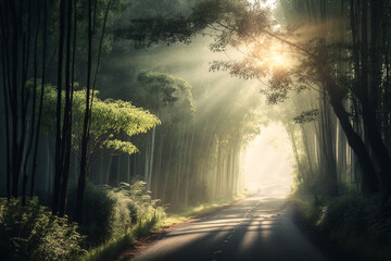 Beautiful morning panorama on a country road with misty morning sun