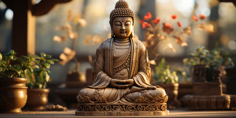 Highly detailed and sophisticated statue of Buddha meditating next to potted plants in a quiet space.