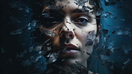 The abstract photo shows an emotionless person with broken glass flying around, cold blue tones.