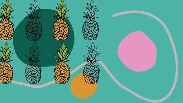 Animation of pineapples and colourful shapes on green background