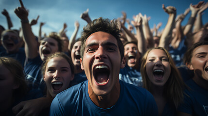 Fototapeta premium Young man - college football game - fan - crowd - blue skies - stands - stadium - cheering - celebrating 