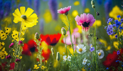 Colorful flower field in meadow in summer