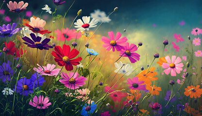 Fototapeta na wymiar Colorful flower field in meadow in summer