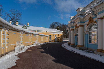 View of the one-story building of the circumference of the Catherine Palace of Tsarskoye Selo on a...