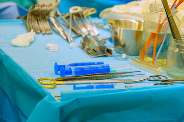Operation room equipped with clamps, forceps, all technology necessary for open heart microsurgery...