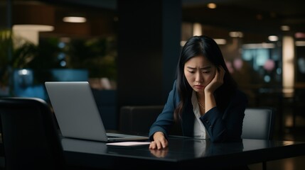 A businesswoman stressed while working on her laptop at a dimly lit table, her expression reflecting concern or disappointment, professional coaching services, mental health apps, workplace stress