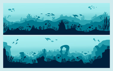 underwater silhouette background coral reef sea fish and marine algae cartoon scene - obrazy, fototapety, plakaty