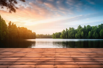 Naklejka premium Landscape wood pier nature lake summer sky sunrise forest sunset wooden water