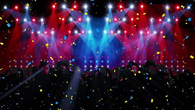 Animation of disco lights and people dancing over confetti falling