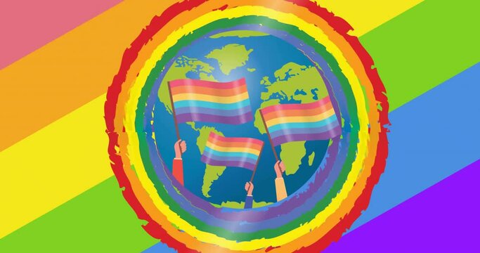 Animation of globe with rainbow flags over rainbow background