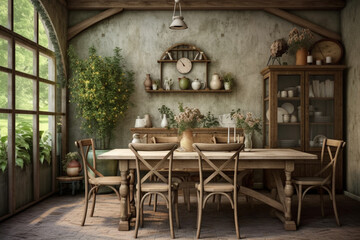Rustic dining room with wooden table and chairs