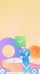 Vector internet operation hand-drawn illustration of people getting discounts for refueling the car
