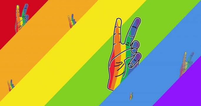 Animation of rainbow peace gestures over rainbow background