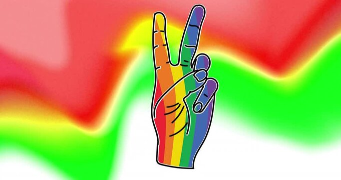Animation of rainbow peace gesture over colourful background