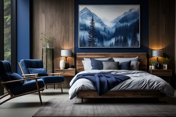 Navy Blue and Dark Wood Bedroom