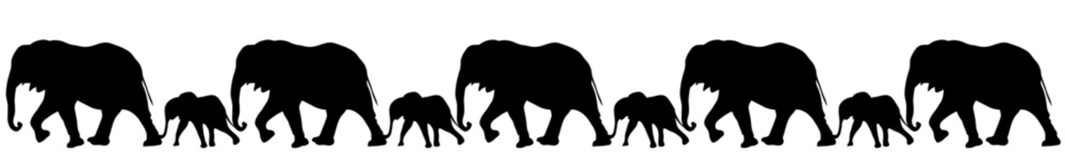 Nine black family elephants in line vector illustrations - silhouettes of the 9 elephants isolated on white background- 9匹の並んだゾウの親子のベクター素材	
