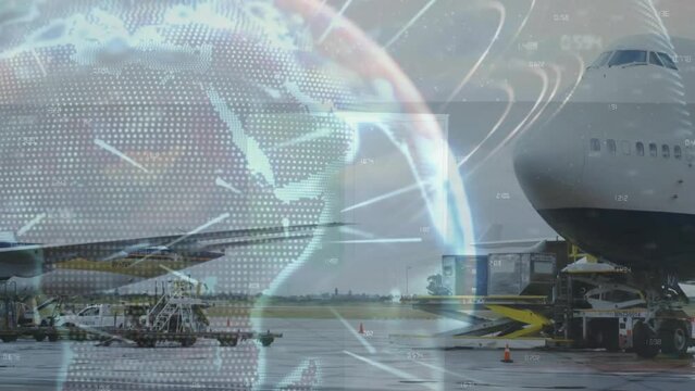 Animation of globe and shapes over plane at airport