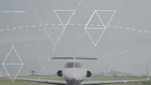 Animation of mathematical equations over plane at airport