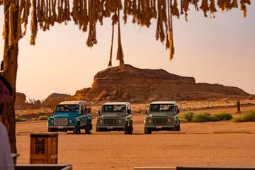 Tuinposter Hegra Vintage Land Rover Tour in Summer, AlUla, Saudi Arabia. © nakcrub