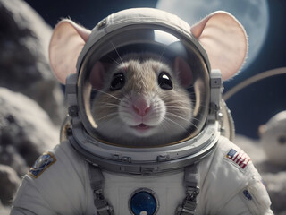 Un raton vestido de astronauta caminando en un planeta