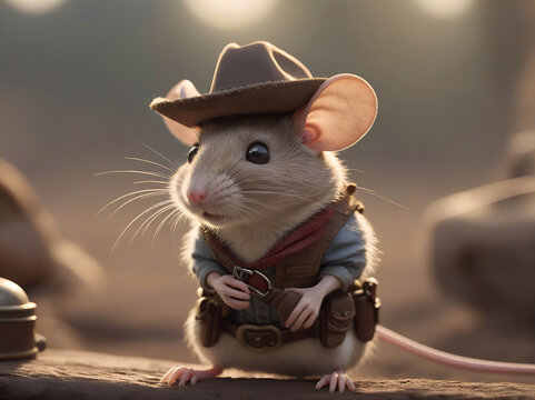 escena de pelicula de un Raton vestido de sheriff en el lejano oeste con gorro