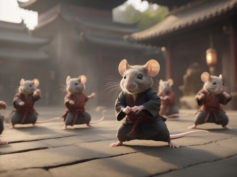 Ratones practicando artes marciales en un templo