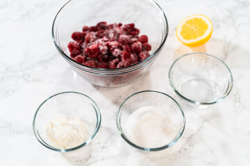 Raspberry Cake Filling-Measured Ingredients Await on Counter