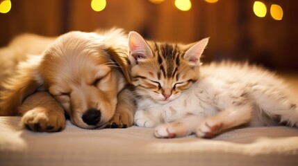 Kitten and puppy. Cat and dog sleeping together.
