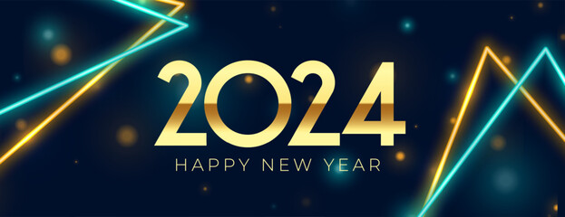 golden 2024 new year eve greeting banner with neon lines
