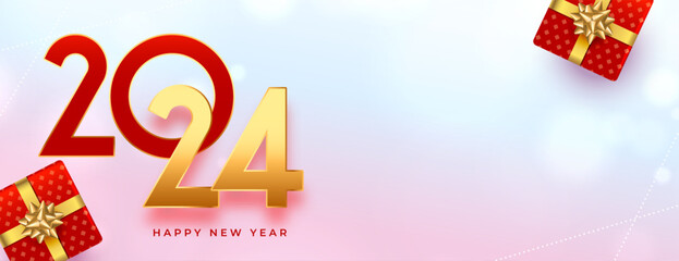 happy new year 2024 festive banner with realistic giftbox design